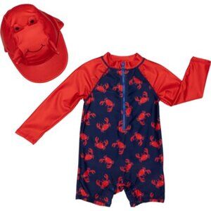 LITTLE LAD Infant Boys Crab Print Sunsuit with Hat -  Zip Neck, Long Sleeve NWT